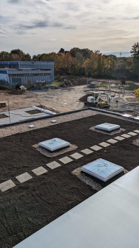 Startklar für Begrünung – vorbereitetes Flachdach mit Lichtkuppeln Dachfläche mit frisch eingebrachtem Substrat und aufgesetzten Lichtkuppeln auf Baustelle